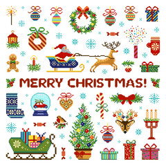 Naklejka premium Pixel Art 8 Bit Merry Christmas Icons Set