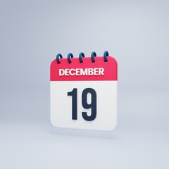 December Realistic Calendar Icon 3D Rendered Date December 19