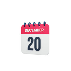 December Realistic Calendar Icon 3D Rendered Date December 20