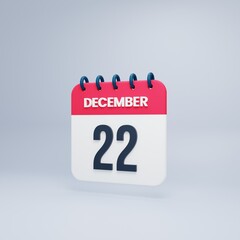 December Realistic Calendar Icon 3D Rendered Date December 22