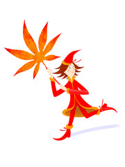 紅葉を持って走る小人