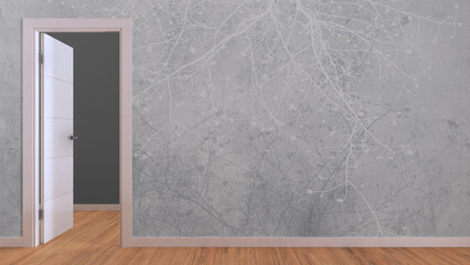 Open door on white wall, mock up with copy space. Empty room with parquet floor and gray wallpaper. Minimalist interior design