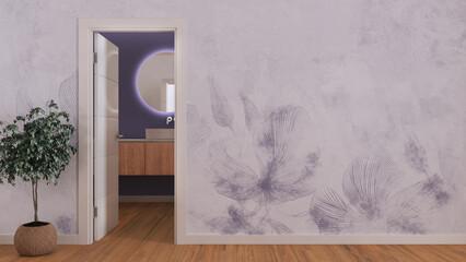 Open door on modern bathroom with washbasin, mock up with copy space. Empty room with parquet floor and violet wallpaper. Minimalist interior design