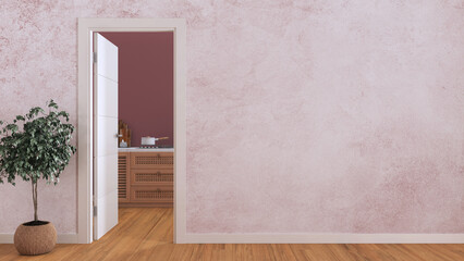 Open door on wooden rattan kitchen with gas hob, mock up with copy space. Empty room with parquet floor and red wallpaper. Minimalist interior design