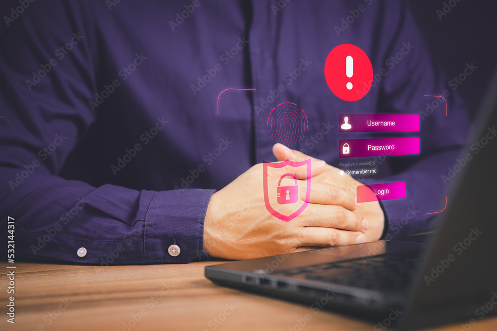 Fototapete Man typing login and password, cyber security concept, Secure encryption and access to the user's private information to access the Internet. exclamation mark.