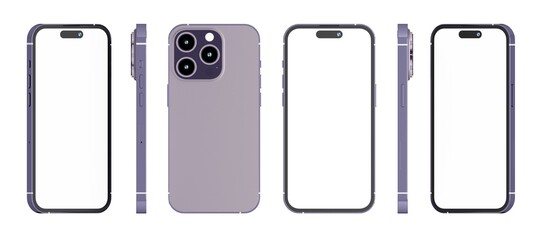 Realistic new smartphone mockup in purple color with device display screen template for product advertising UI and UX infographic presentation interface design. Tech concept. 3D illustration rendering