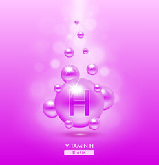 Vitamin H purple ball fall to ground. Serum vitamins complex with chemical formula. Beauty treatment nutrition skin care design. Medical and scientific concepts. 3D Realistic Vector EPS10.