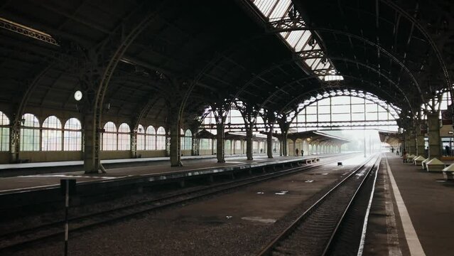 vintage retro old train station foggy rainy empty apron . High quality 4k footage. no trains no people nineteenth century