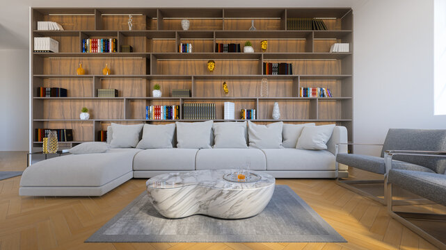 Rendu 3d. d'appartement int&eacute;rieure avec une biblioth&egrave;que, ambiance luxe moderne et confortable.