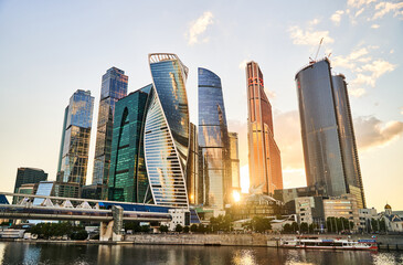 Obraz na płótnie Canvas Moscow, Russia - 30.07.2022: View of skyscrapers at Moscow City at sunset. International Business Center. High quality photo
