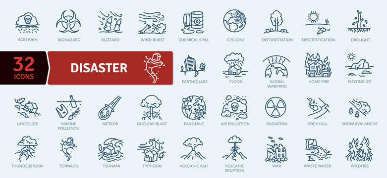 Disaster Icon Pack. Collection of thin line icons related to different disasters