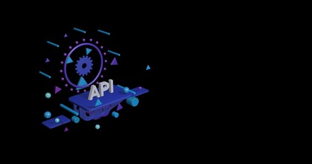 White api symbol on a pedestal of abstract geometric shapes floating in the air. Abstract concept art with flying shapes on the left. 3d illustration on black background