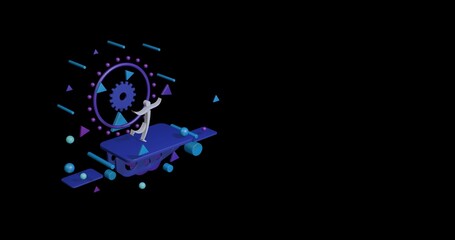 White figure skating symbol on a pedestal of abstract geometric shapes floating in the air. Abstract concept art with flying shapes on the left. 3d illustration on black background