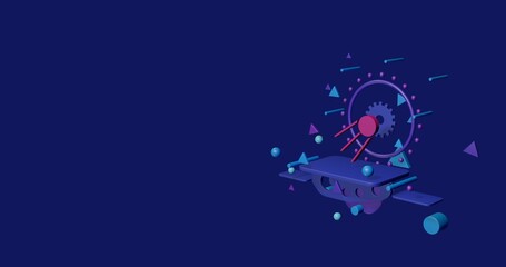 Pink satellite symbol on a pedestal of abstract geometric shapes floating in the air. Abstract concept art with flying shapes on the right. 3d illustration on indigo background