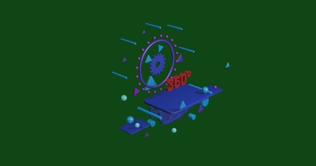Red 360 degree symbol on a pedestal of abstract geometric shapes floating in the air. Abstract concept art with flying shapes in the center. 3d illustration on green background
