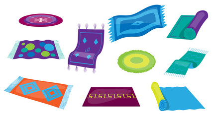 Different carpets set. Decorated textile rugs,  colored mats of various shape,  fluffy round carpet. Home interior decoration. Vector illustration
