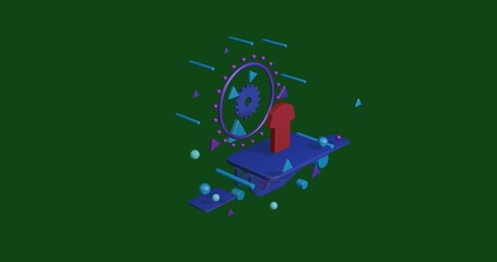 Red t-shirt symbol on a pedestal of abstract geometric shapes floating in the air. Abstract concept art with flying shapes in the center. 3d illustration on green background