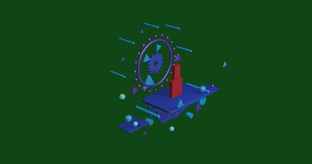 Red nail polish symbol on a pedestal of abstract geometric shapes floating in the air. Abstract concept art with flying shapes in the center. 3d illustration on green background