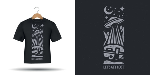 Let's get lost outdoors adventure t-shirt design. Modern graphics with ufo and camping. Travel related motivational slogan, quote, message. Vector illustration. © Danyil