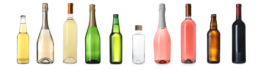 Set with bottles of different alcohol drinks on white background. Banner design