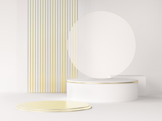 Minimalistic elegant stage for show your products. 3d cylinder with gold on a white background. Platform or podium with golden ring. 3d rendering