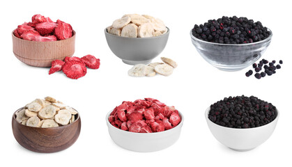 Set with different freeze dried berries and bananas on white background