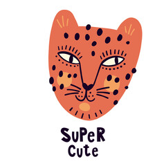 Funny jaguar with hand drawing lettering Super cute. Vector animal illustration for kids.  Adorable doodle animal. Isolated objects on white background. Good for posters, t shirts, postcards.