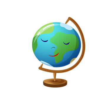 Cute school globe character cartoon illustration isolated on white. Smiling earth model or earth ball with human face. school supply for mascot, sticker, back to school design. education personage