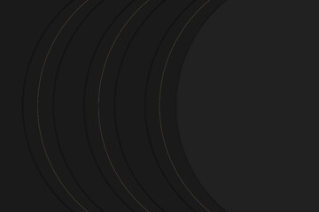 Obraz premium Cool abstract black background with round elements. luxury geometrical matte backdrop with golden stripes and copyspace. 3d design. Vector illustration