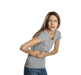 Obraz premium Young woman suffering from liver pain on white background