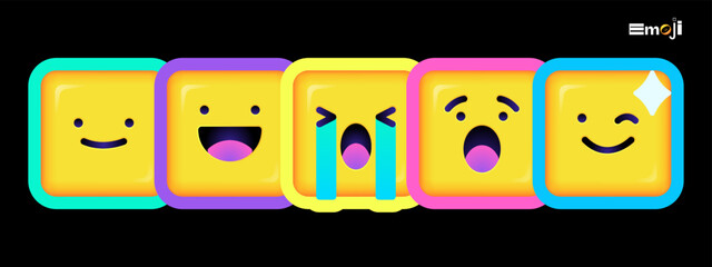 Square Emoticons set. Yellow Emoji faces emoticon smile, digital smiley expression emotion feelings, chat cartoon emotes. Vector illustration icons