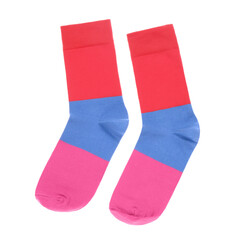 Colorful striped socks on white background, top view