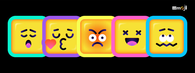 Square Emoticons set. Yellow Emoji faces emoticon smile, digital smiley expression emotion feelings, chat cartoon emotes. Vector illustration icons