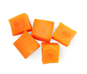 Fresh ripe diced carrot on white background, top view