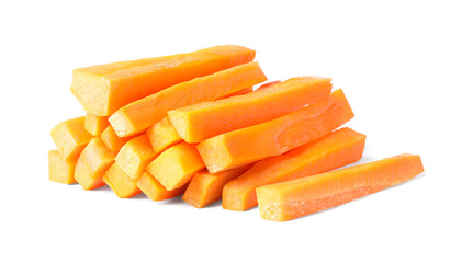 Pile of delicious carrot sticks isolated on white