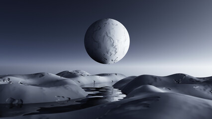 Abstract unexplored planet landscape background with water and textured sphere 3D illustration