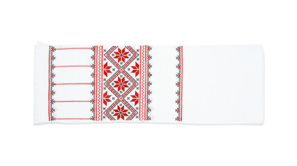 Beautiful rushnyk on white background, top view. Ukrainian national embroidery