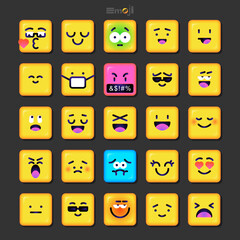 Square Emoticons set. Yellow Emoji faces emoticon smile, digital smiley expression emotion feelings, chat cartoon emotes. Vector illustration icons
