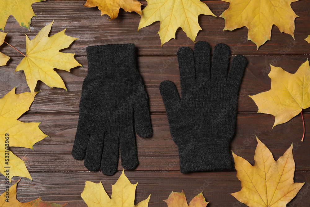 Wall mural Stylish black woolen gloves and dry leaves on wooden table, flat lay