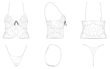 Set with contours of sexy women underwear from black lines isolated on white background. Front, side, back view. Vector illustration.