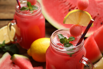 Delicious fresh watermelon drink in mason jars, closeup