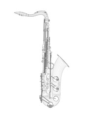 Fototapeta na wymiar Saxophone outline from black lines isolated on white background. Side view. 3D. Vector illustration.