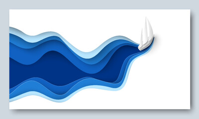 Paper cut sail boat over sea wave vector - obrazy, fototapety, plakaty