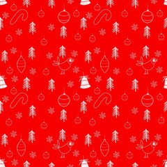 Seamless pattern. Christmas trees, gifts, decor and snowflakes on a red background. Hand drawing illustration