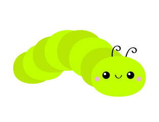 Caterpillar insect icon. Crawling catapillar bug. Cute kawaii cartoon funny character. Baby collection. Smiling face. Flat design. Colorful bright green color. White background. Isolated.