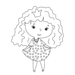 Little cute princess with curly hair. Hand drawn outline Illustration isolated on white background for coloring book