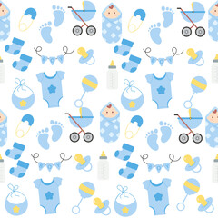 Seamless baby boy pattern. Baby showers. Vector illustration.