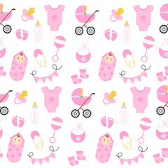 Seamless baby girl pattern. Baby showers. Vector illustration.
