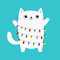 White cat. Christmas lights set. Lightbulb garland line fairy light. Merry Christmas. Kawaii cartoon baby character. Cute kitten head face. Greeting card. Flat design. Blue background.