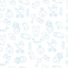 Seamless outline pattern for baby boy. Baby showers.